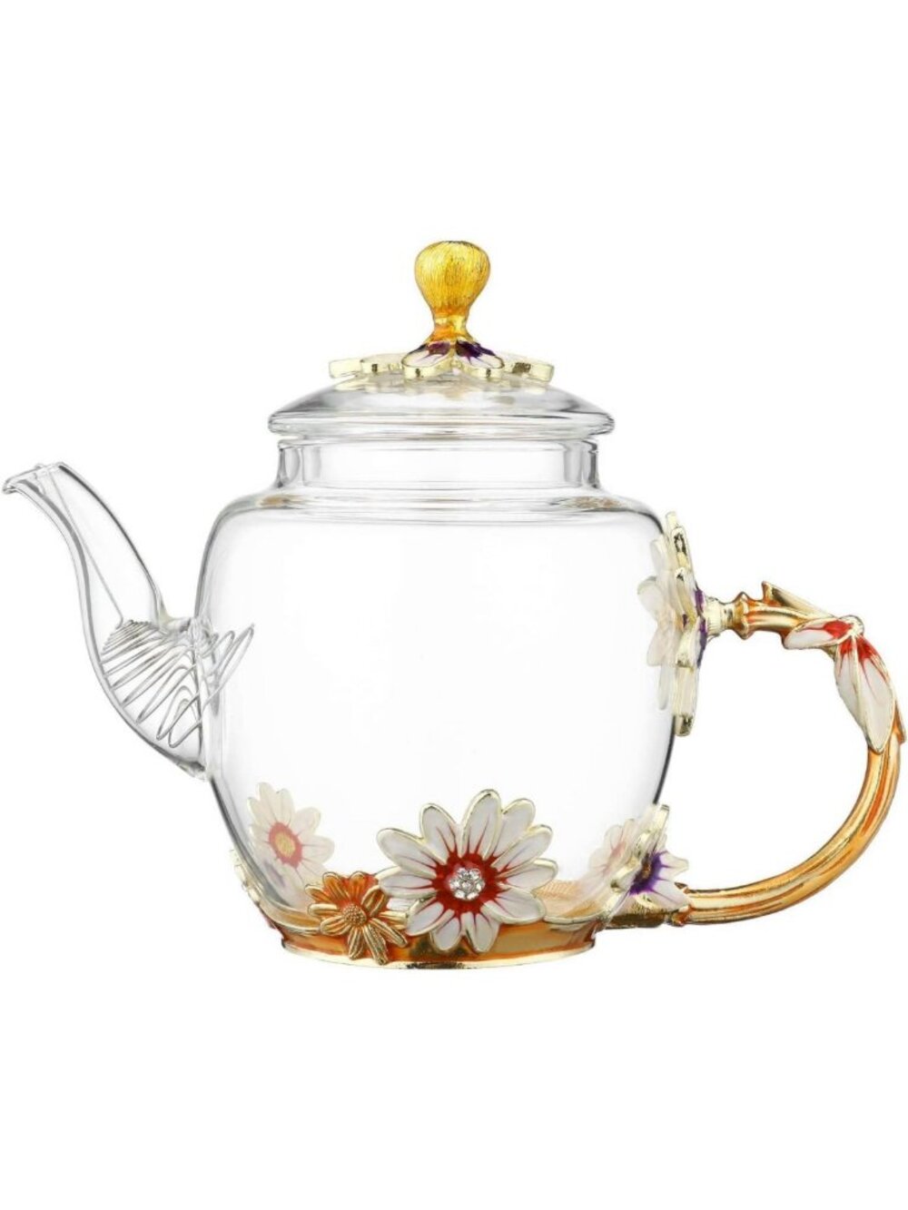 Heat Resistant Floral Glass Teapot 300ml with Golden Leaf Edge - Retro Tea Party